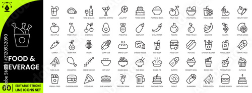 Food and Beverage Outline Icons Collection Restaurant, Cafe, Kitchen and Culinary Food Vector Set.