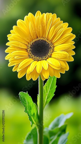 Vibrant Yellow Gerbera Daisy Flower Illustration on Green Botanical Background