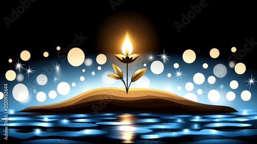 Abstract Glowing Spiritual Lamp on Island with Bokeh Lights and Calm Water