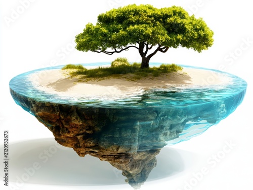 Floating Island Ecosystem with Green Tree and Clear Water on White Background