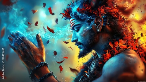 Divine Hindu Deity Shiva Meditating with Elemental Energy and Mystic Leaves