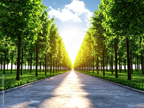 Green Tree Lined Path Towards Bright Sunlight 3D Render Illustration