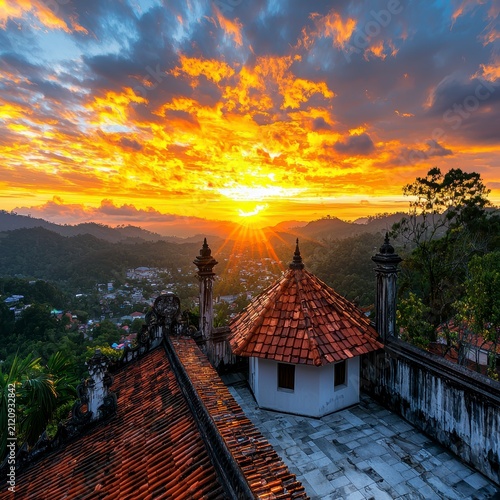 Vibrant Sunset Over Tropical Temple Landscape