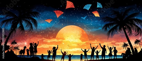 Vibrant Sunset Beach Celebration: Family Silhouettes, Kites & Fireworks