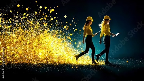 Empowered Businesswomen in Hard Hats Walking on Golden Path of Success