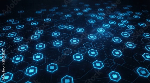 Blue Hexagonal Network on Dark Background with Central Dynamic Digital Data Visualization: Secure Cloud Storage
