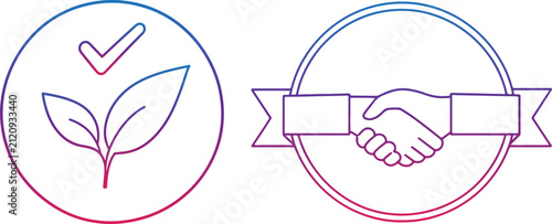 Set of circular emblems featuring eco friendly leaf checkmark and professional business handshake