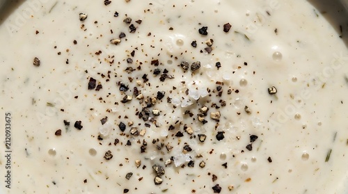 Macro view of creamy white soup with black pepper.