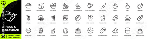 Restaurant Food and Drink Icons Collection Cooking, Dining, Menu and Beverage Outline Vector Set.