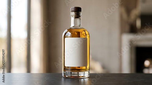 Elegant clear glass bottle with golden amber liquid, featuring a blank label for bespoke branding, set on a sleek dark surface in a refined interior