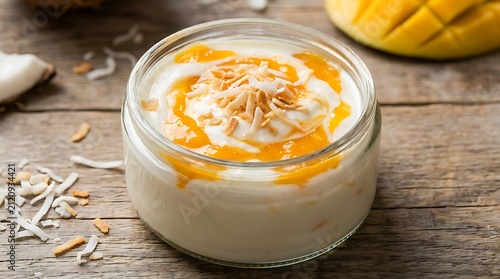Mango chia pudding with coconut shavings in glass jar.