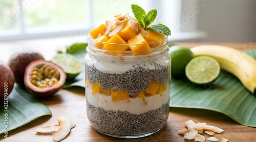 Mango chia seed pudding with fresh tropical fruit.