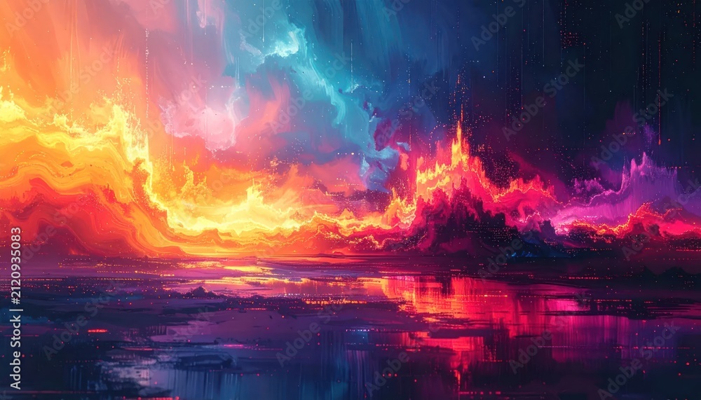 Fototapeta premium Abstract nebula landscape with vibrant fire and water reflections.