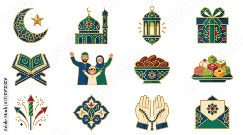 Colorful Ramadan and Eid Mubarak celebration icons set.