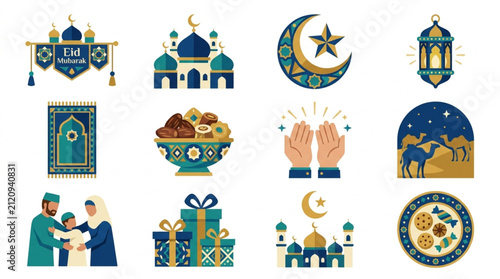 Colorful Ramadan and Eid Mubarak celebration icons set.