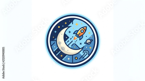 Colorful rocket ship flying near crescent moon illustration.