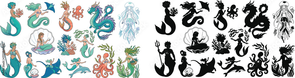 Fototapeta premium Fantasy underwater creatures vector icons set with colorful mermaids, sea dragons, marine animals, and black silhouette versions