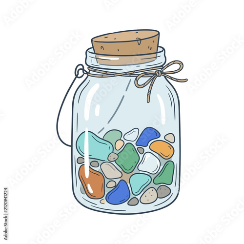 Glass jar filled with colorful sea glass pieces.