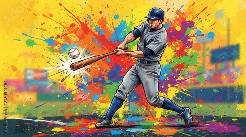 Baseball player in rainbow splash environment dynamic or softball silhouette
