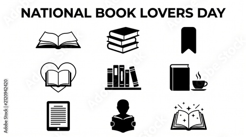 Black silhouette icon set for National Book Lovers Day. Solid black vector pictograms featuring open book, stack of books, reading glasses, bookmark, heart with book, library shelf, book and coffee cu