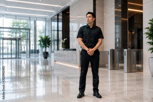 Modern Lobby Guardian Amid Glass and Stone