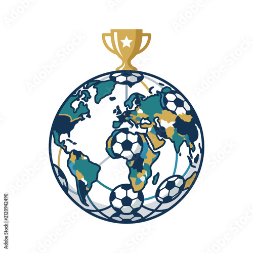 Global soccer trophy with colorful world map design.