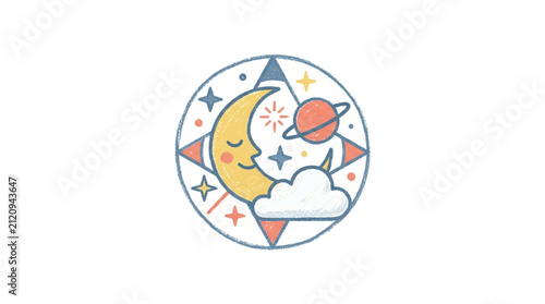 Colorful space themed circular illustration with planets and stars.