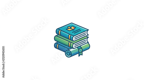 Colorful stack of books with green ribbon illustration.