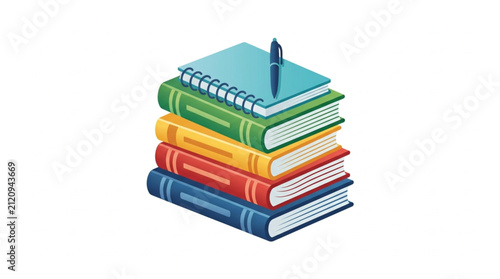 Colorful stack of books with notebook and pen on top.