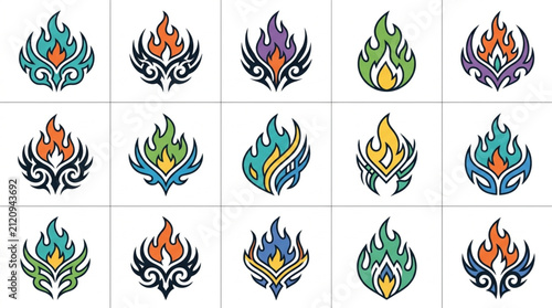 Colorful stylized flame icons in various designs.