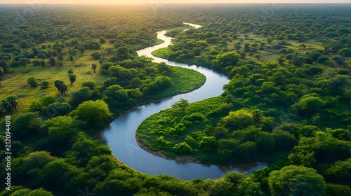 Aerial view of a winding river cutting through lush green desert landscape with scattered trees under golden sunset light, showcasing natural beauty and serene wilderness.