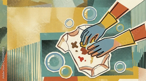 Hands wearing gloves cleaning a stained baby bodysuit with a sponge surrounded by bubbles