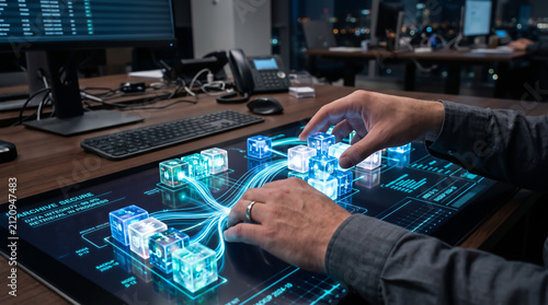 Digital workflow and knowledge management with professional hands interacting with information cubes on a futuristic interface for documentation productivity and data organization in a modern office.