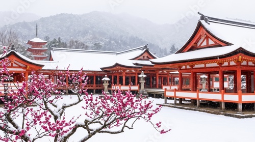 Shrine buildings featuring traditional architecture stand amidst a winter landscape covered in fresh white snow.