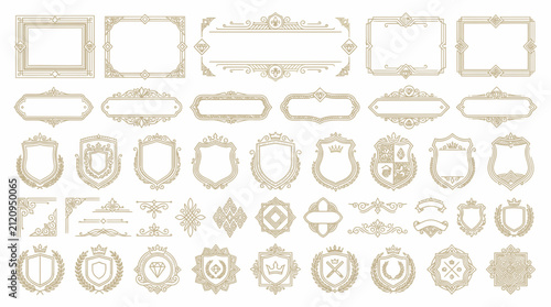 Ornate Vintage Decorative Frames and Emblems, Elegant Borders, Heraldic Crests