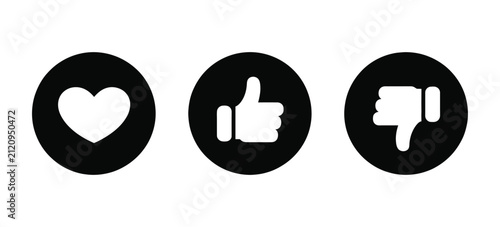 Love, Like, and Dislike Icon Set with Heart, Thumbs Up, and Thumbs Down Symbols on Black Circle Background