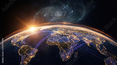Earth glows with connected global networks beneath a shimmering galaxy.
