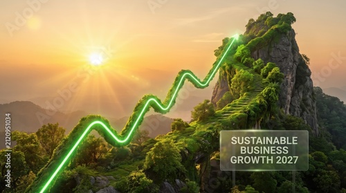 Green growth chart climbs a lush mountain peak symbolizing sustainable business success for the year twenty.
