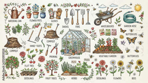 Detailed Hand Drawn Set Featuring Various Gardening Equipment Tools Plants Greenhouse Elements and Nature Wildlife Illustrations