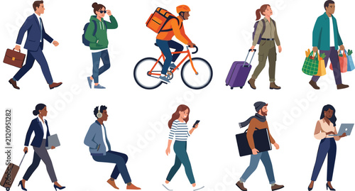Diverse set of people walking, traveling, working, and commuting in modern flat illustration style