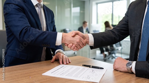 Business partners shaking hands over signed contract document sealing successful deal and professional agreement in office