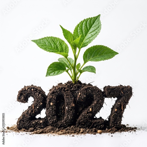 Green plant sapling grows from soil shaped into the number 2027 on a plain white studio background.
