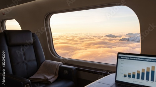 Laptop computer displaying financial projections sits on a tray table inside a private jet cabin overlooking clouds.