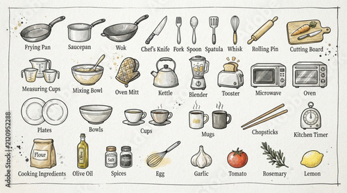 Comprehensive Collection of Kitchen Utensils Cooking Tools and Fresh Ingredients Set for Culinary Preparation and Recipe Planning
