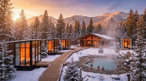 People relax in a geothermal hot spring pool surrounded by snow-covered cabins during a cold winter sunset in the.