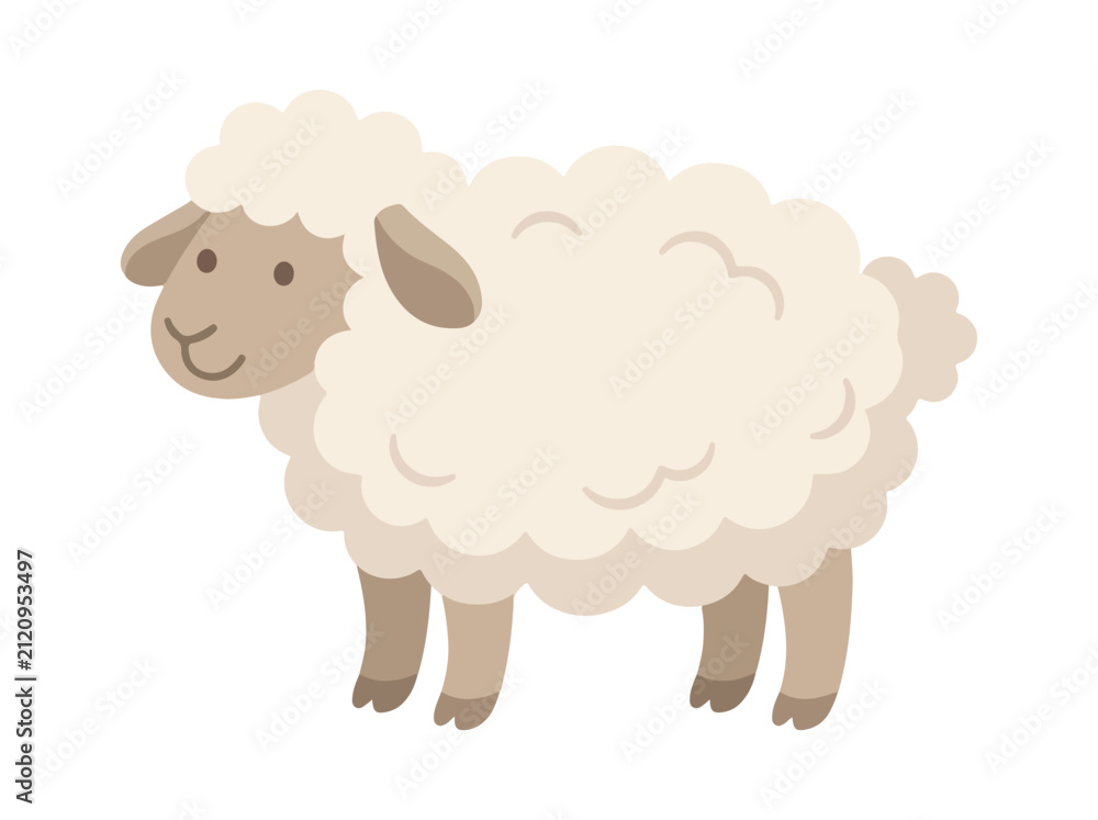Obraz premium Cute cartoon sheep with fluffy white wool and brown face standing on a plain background