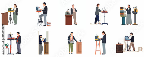 Obraz na plátně Collection of professional court reporters and stenographers using stenotype machines for legal transcriptions and courtroom proceedings in flat design illustration style