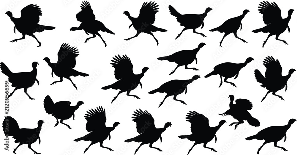 Obraz premium A comprehensive thanksgiving turkey bundle featuring various black silhouettes of wild birds in motion isolated on a clean white background for design