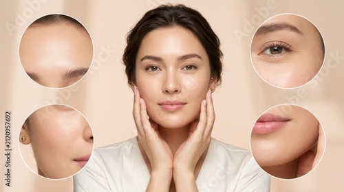 Woman face with highlighted skin problem zones and closeup sections. Concept of dermatology diagnostics, skincare analysis, aesthetic medicine, and facial treatment design. Collage