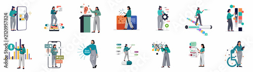 Comprehensive collection of illustrations showing a woman using diverse digital technology tools, highlighting inclusive design, accessibility features, and modern software interfaces.